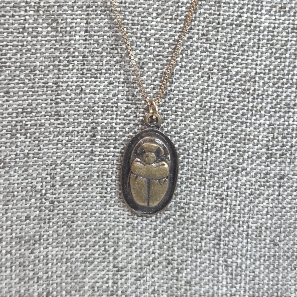 vtg pot metal scarab pendant gold over sterling silver necklace 20in box chain